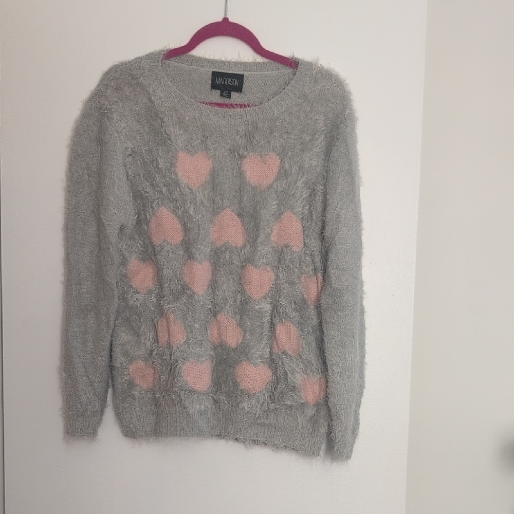 Madison Fuzzy Gray and Pink Heart Sweater